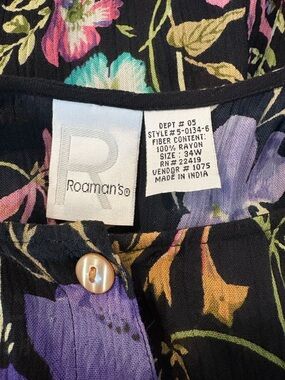 Roaman's Black Floral Button-Front Rayon Dress with Purple & Teal Blooms